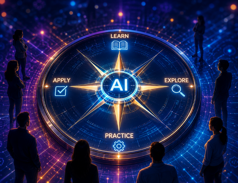 People standing around AI Compass